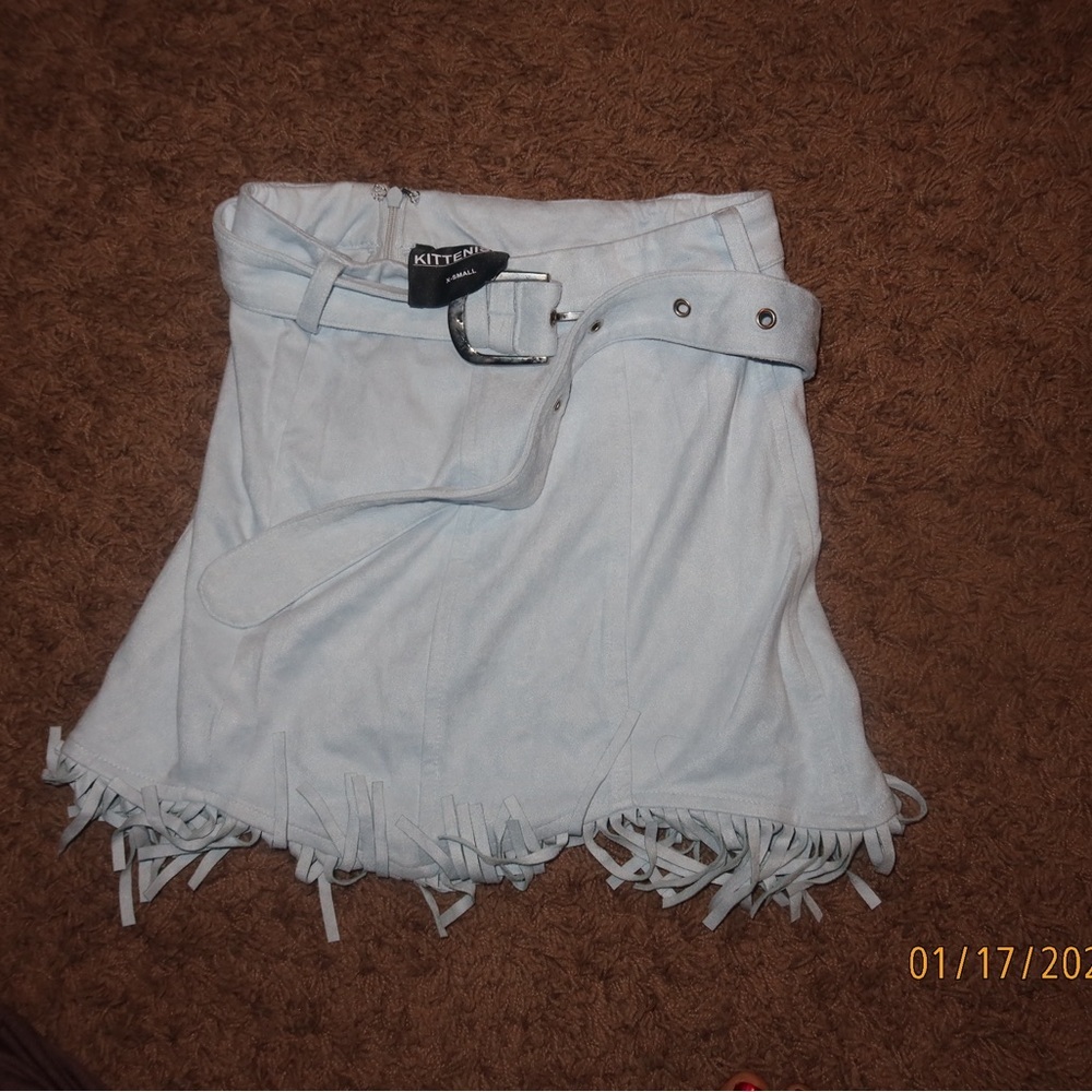 White Fringe Mini Skirt with Belt Kittenish xs